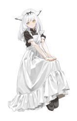 Rule 34 | 1girl, alternate costume, apron, apron grab, arknights, black footwear, black shirt, blunt bangs, closed mouth, commentary, enmaided, expressionless, full body, highres, long hair, looking at viewer, maid, maid apron, maid headdress, owl ears, owl girl, ptilopsis (arknights), shirt, shoes, short sleeves, simple background, solo, ubiyuhi, white apron, white background, white hair, yellow eyes
