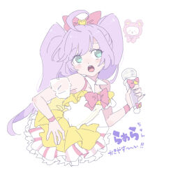 Rule 34 | 1girl, :o, ahoge, aqua eyes, bow, character name, cropped legs, detached collar, detached sleeves, dress, frilled skirt, frills, hair bow, highres, holding, holding microphone, kuma (pripara), layered skirt, long hair, looking at another, looking to the side, manaka laala, microphone, multicolored clothes, multicolored dress, nojima minami, open mouth, pink bow, pretty series, pripara, puffy detached sleeves, puffy sleeves, purple hair, skirt, sleeveless, sleeveless dress, solo, stuffed animal, stuffed toy, teddy bear, twintails, very long hair, white background, white sleeves
