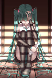 Rule 34 | 1girl, aqua hair, black footwear, black skirt, boots, clenched teeth, crying, detached sleeves, full body, geduan, hair ornament, hair over one eye, hatsune miku, highres, holding, long hair, miniskirt, pleated skirt, shirt, sitting, skirt, sleeveless, sleeveless shirt, solo, tears, teeth, thigh boots, thighhighs, twintails, very long hair, vocaloid, white shirt, wooden floor