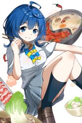 1girl absurdres ahoge black_socks blue_bow blue_bowtie blue_eyes blue_hair blush bow bowtie breasts brown_footwear buttons carrot_slice chili_pepper chinese_commentary chopsticks collared_shirt commentary_request dark_blue_hair dress_shirt flipped_hair food food-themed_background food_focus food_request grey_skirt grin highres holding holding_chopsticks hotpot kneehighs kongzhiailian large_breasts legs_folded lettuce loafers looking_at_viewer lotus_root lotus_root_slice make_heroine_ga_oo_sugiru! meat medium_hair midair miniskirt mushroom pleated_skirt school_uniform shirt shoes short_sleeves simple_background skirt smile socks solo steam summer_uniform tsuwabuki_high_school_uniform white_background white_shirt yanami_anna yellow_bow yellow_bowtie