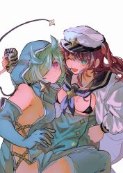 Rule 34 | 2girls, ahoge, akoya matama, anemo nemo, aqua skirt, bikini, blue hood, blue neckerchief, blush, breasts, brooch, brown hair, elbow gloves, fang, gloves, green eyes, hair over one eye, hat, high-waist skirt, highres, holding, holding microphone, hood, jewelry, large breasts, leberblume, loco musica, long hair, looking at viewer, mahou shoujo ni akogarete, microphone, military hat, multicolored hair, multiple girls, neckerchief, open mouth, pink eyes, sailor collar, simple background, skirt, smile, star (symbol), star brooch, streaked hair, swimsuit, teeth, thighhighs, y9d4r, yuri