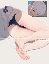 Rule 34 | 1girl, ass, ayaya (ayaya ri), barefoot, blue archive, blue bow, blue one-piece swimsuit, bow, casual one-piece swimsuit, censored, censored feet, closed eyes, commentary request, dot mouth, fanbox username, feet, frilled one-piece swimsuit, frills, from behind, grey hair, hair bow, highres, inset, legs, long hair, lying, miyako (blue archive), miyako (swimsuit) (blue archive), multiple views, official alternate costume, on side, one-piece swimsuit, paid reward available, ponytail, shadow, sleeping, swimsuit, thigh gap, thighs, toenails, toes, very long hair