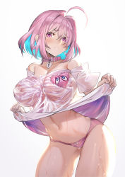 Rule 34 | 1girl, ahoge, blue hair, blush, breasts, closed mouth, clothes lift, collar, collarbone, earrings, groin, hair intakes, heart, heart on chest, highres, idolmaster, idolmaster cinderella girls, jewelry, large breasts, looking at viewer, multicolored hair, navel, no bra, no pants, panties, pill earrings, pink eyes, pink hair, pink panties, raijuu (bakanara), shirt, shirt lift, short hair, short sleeves, simple background, skeleton print, solo, stomach, sweat, t-shirt, thighs, two-tone hair, underwear, wet, wet clothes, wet shirt, white background, yumemi riamu