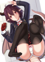 Rule 34 | 1girl, absurdres, ahoge, black thighhighs, blouse, blush, center frills, dragon tail, dragon wings, feet, frilled shirt, frills, from above, grea (shingeki no bahamut), hair between eyes, high collar, highres, horns, no shoes, panties, pantyshot, parted lips, pointy ears, purple hair, red eyes, see-through, see-through legwear, shingeki no bahamut, shirt, soles, solo, source request, tail, thighhighs, toes, underwear, white shirt, wings