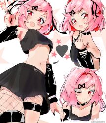 Rule 34 | 1girl, alternate costume, alternate hairstyle, black choker, black nails, black skirt, black tank top, choker, collarbone, commentary, detached sleeves, doki doki literature club, eclipxare, english commentary, fang, fishnets, goth fashion, hand gesture, heart, highres, looking at viewer, makeup, multiple views, natsuki (doki doki literature club), navel, one eye closed, open mouth, red eyes, short hair, skirt, star (symbol), tank top, thighs, twintails, v, white background