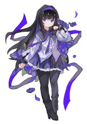 Rule 34 | 1girl, absurdres, akemi homura, black footwear, black hair, black pantyhose, blunt bangs, boots, bow, bowtie, chinese commentary, commentary request, expressionless, falling flower, flower, frilled skirt, frills, full body, hair flip, hairband, hand up, high heel boots, high heels, highres, jacket, leaf, long hair, long sleeves, looking at viewer, magical girl, mahou shoujo madoka magica, mahou shoujo madoka magica (anime), no nose, pantyhose, purple bow, purple bowtie, purple eyes, purple flower, purple hairband, purple ribbon, purple skirt, ribbon, simple background, skirt, solo, standing, white background, white jacket, yinsu391