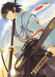 Rule 34 | 1boy, black hair, japanese clothes, katana, male focus, original, polearm, samurai, short hair, solo, sword, traditional clothes, weapon, yuu (yuyukaikan)