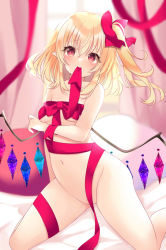 Rule 34 | 1girl, blurry, blurry background, crystal, flandre scarlet, foot out of frame, highres, long hair, looking at viewer, mouth hold, naked ribbon, no headwear, no headwear, one side up, ribbon, solo, tosakaoil, touhou, wings