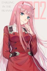 Rule 34 | 10s, 1girl, aqua eyes, arm behind back, blunt bangs, breasts, candy, character name, closed mouth, copyright name, darling in the franxx, eating, food, hairband, head tilt, highres, holding, holding food, horns, jacket, koulu, lollipop, long hair, long sleeves, looking at viewer, medium breasts, military jacket, pink hair, red jacket, smile, solo, straight hair, upper body, white hairband, zero two (darling in the franxx)
