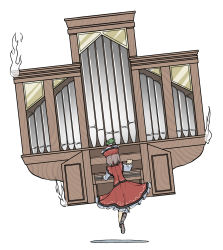 Rule 34 | 1girl, brown footwear, brown hair, falling star, frilled hat, frilled skirt, frills, from behind, full body, hat, hat ornament, highres, instrument, long sleeves, lyrica prismriver, music, organ (instrument), peroponesosu., playing instrument, red hat, red skirt, red vest, short hair, simple background, skirt, skirt set, solo, touhou, vest, white background