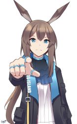Rule 34 | 1girl, absurdres, amiya (arknights), animal ears, arknights, ascot, black jacket, blue ascot, blue eyes, brown hair, closed mouth, ctavat, expressionless, gar32, highres, jacket, jewelry, long hair, long sleeves, looking at viewer, multiple rings, open clothes, open jacket, pointing, pointing at viewer, ponytail, rabbit ears, rabbit girl, ring, sidelocks, signature, simple background, solo, upper body, very long hair, white background