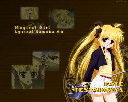 Rule 34 | bardiche (nanoha), blonde hair, fate testarossa, lyrical nanoha, mahou shoujo lyrical nanoha, mahou shoujo lyrical nanoha a&#039;s, okuda yasuhiro, red eyes, siblings, signum, sisters, skirt, smile, twintails, waist cape, wallpaper