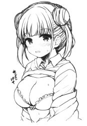 Rule 34 | 1girl, blush, bow, bow bra, bra, breasts, cleavage, clothes lift, collared shirt, double bun, frilled bra, frills, greyscale, hair bun, idolmaster, idolmaster shiny colors, jacket, lockheart, medium breasts, monochrome, off shoulder, open clothes, open jacket, parted lips, shirt, shirt lift, simple background, solo, sonoda chiyoko, sweat, translation request, twintails, underwear, upper body, white background