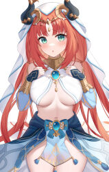 Rule 34 | 1girl, aqua eyes, bare shoulders, blue skirt, blush, breasts, brooch, commentary request, cowboy shot, detached sleeves, fake horns, genshin impact, highres, horns, jewelry, large breasts, long hair, long sleeves, looking at viewer, midriff, navel, neck ring, nilou (genshin impact), nyuu (pixiv12143565), parted lips, red hair, simple background, skirt, solo, standing, stomach, thighs, very long hair, white background