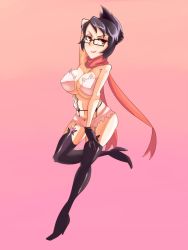 Rule 34 | 1girl, black hair, boots, breasts, cleavage, covered erect nipples, esp (hidaryuhidaryu), folded ponytail, garter straps, glasses, high heel boots, high heels, large breasts, pasties, red eyes, reverge labs, scarf, shoes, short hair, skullgirls, smile, solo, stiletto heels, teeth, thigh boots, thighhighs, venus (skullgirls)