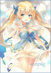 Rule 34 | 1girl, :d, bad id, bad pixiv id, blonde hair, blue bow, blue eyes, blush, bow, breasts, capelet, colored pencil (medium), dress, frills, hair bow, long hair, looking at viewer, marker (medium), medium breasts, open mouth, original, potto, sample watermark, smile, solo, teeth, traditional media, twintails, watermark, white dress