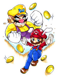 Rule 34 | 2boys, angry, animal ears, arms up, battle, blue eyes, brown hair, clenched hand, fat, fat man, gloves, gold coins, hat, jumping, looking at viewer, mario, mario (series), multiple boys, nintendo, rabbit ears, red headwear, super mario land 2, teeth, wario, white gloves, yellow headwear