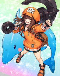 Rule 34 | 1girl, :d, anchor, anchor symbol, backpack, bag, bike shorts, black gloves, boots, brown eyes, brown hair, clenched hand, commentary, drawstring, fingerless gloves, gloves, guilty gear, hat, highres, hood, hood down, hoodie, legs apart, long hair, long sleeves, makimura shunsuke, may (guilty gear), open mouth, orange footwear, orange hat, orange hoodie, puffy long sleeves, puffy sleeves, skull and crossbones, smile, solo, standing