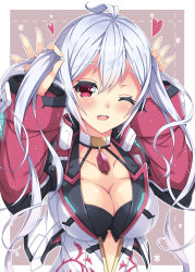 Rule 34 | 1girl, ;d, ahoge, blush, breasts, bunching hair, cleavage, collarbone, heart, highres, holding, holding own hair, innocent cluster, large breasts, long hair, long sleeves, looking at viewer, matoi (pso2), milkpanda, one eye closed, open mouth, phantasy star, phantasy star online 2, red eyes, silver hair, smile, solo, twintails, upper body
