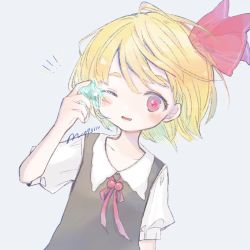 Rule 34 | 1girl, artist name, black vest, blonde hair, collared shirt, commentary request, grey background, hair ribbon, highres, holding, holding star, m (m073111), neck ribbon, one eye closed, open mouth, puffy short sleeves, puffy sleeves, red eyes, red ribbon, ribbon, rumia, shirt, short hair, short sleeves, simple background, solo, star (symbol), touhou, twitter username, upper body, vest, white shirt, wing collar