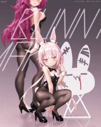 Rule 34 | 2girls, absurdres, ahoge, animal ear fluff, animal ears, ass, bare shoulders, between legs, black footwear, black legwear, black leotard, blurry, blush, bow, bowtie, breasts, brown eyes, character request, crossover, depth of field, detached collar, fake animal ears, flat chest, hair ornament, hairclip, hand between legs, head out of frame, high heels, highleg, highleg leotard, highres, legs, leotard, long hair, looking back, low twintails, multiple girls, pantyhose, pink eyes, pink hair, playboy bunny, purple hair, rabbit ears, rabbit tail, shadow puppet, shippitsu, shoes, sideboob, smile, squatting, strapless, strapless leotard, tail, thighband pantyhose, thighs, tomari mari, tomari mari channel, trait connection, twintails, virtual youtuber, wrist cuffs