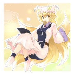 Rule 34 | 1girl, aburaage, bad id, bad pixiv id, blonde hair, coco (119267104), female focus, food, fox tail, hat, heart, mouth hold, multiple tails, short hair, smile, solo, surcoat, tail, tofu, touhou, yakumo ran, yellow eyes