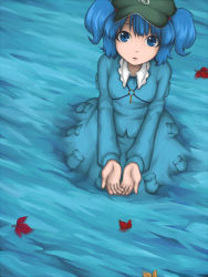 Rule 34 | 1girl, autumn leaves, blue eyes, blue hair, blue theme, hat, kawashiro nitori, key, matching hair/eyes, solo, stream, touhou, twintails, two side up, yajirushi (chanoma)