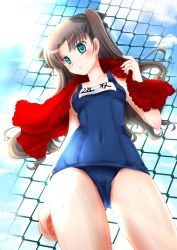 Rule 34 | 1girl, bad id, bad pixiv id, black hair, blue eyes, chain-link fence, chize, fate (series), fence, from below, long hair, one-piece swimsuit, school swimsuit, solo, swimsuit, tohsaka rin, towel, twintails, two side up