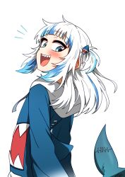 Rule 34 | 1girl, animal costume, blue hair, blue hoodie, blush, ddolbang, fins, fish tail, gawr gura, gawr gura (1st costume), hair ornament, highres, hololive, hololive english, hood, hoodie, looking at viewer, medium hair, multicolored hair, open mouth, shark costume, shark girl, shark hair ornament, shark tail, sharp teeth, sidelocks, smile, solo, streaked hair, tail, teeth, two side up, upper teeth only, virtual youtuber, white background, white hair