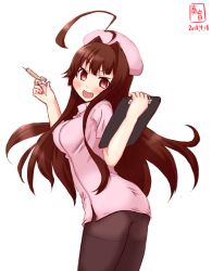 Rule 34 | 1girl, ahoge, ass, brown hair, clipboard, commentary request, cosplay, cowboy shot, dated, from behind, highres, huge ahoge, kanon (kurogane knights), kantai collection, kuma (kancolle), logo, long hair, looking at viewer, nurse, open mouth, panties, panties under pantyhose, pantyhose, red eyes, simple background, smile, solo, syringe, underwear, white background
