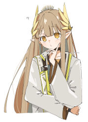 Rule 34 | 1girl, ?, arknights, black choker, brown eyes, brown hair, choker, citron80citron, closed mouth, commentary request, cropped torso, hand up, highres, index finger raised, jacket, long sleeves, muelsyse (arknights), open clothes, open jacket, pointy ears, signature, simple background, solo, upper body, white background, white jacket, wide sleeves
