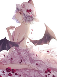 Rule 34 | 1girl, bare back, bat wings, blue hair, dress, fang, hat, highres, m (neteitai10), mob cap, pink dress, pink hat, purple hair, red eyes, remilia scarlet, short hair, simple background, solo, touhou, white background, wings