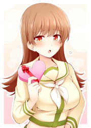 Rule 34 | 1girl, blush, box, breasts, brown eyes, brown hair, gradient background, hair between eyes, heart, heart-shaped box, kantai collection, large breasts, long hair, neckerchief, ooi (kancolle), open mouth, remodel (kantai collection), rui shi (rayze ray), school uniform, serafuku, valentine