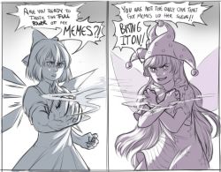 Rule 34 | 2girls, bruise, cirno, clenched hand, clenched hands, clownpiece, comic, dress, english text, hat, injury, jester cap, long hair, mefomefo, monochrome, multiple girls, shirt, short hair, smoke, touhou, typo, veins, wings