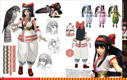 1girl ainu_clothes armpit_peek ass back black_hair breasts clenched_hand concept_art fighting_stance fingerless_gloves from_behind gloves grey_eyes hair_ribbon highres legs lipstick looking_at_viewer magazine_scan makeup mamahaha medium_breasts monochrome multiple_views nakoruru official_art ogura_eisuke open_mouth pants pink_lips ribbon samurai_spirits scan serious sitting small_breasts snk teeth the_king_of_fighters the_king_of_fighters_xiv thighs tongue traditional_media weapon