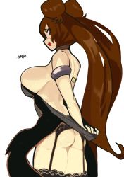 Rule 34 | 1girl, absurdres, armlet, artist request, ass, blush, breasts, brown eyes, brown hair, choker, double bun, dress, dress tug, dungeon and fighter, fighter (dungeon and fighter), garter belt, garter straps, grey thighhighs, hair bun, highres, large breasts, long hair, looking back, nen master (dungeon and fighter), open mouth, original, simple background, solo, thighhighs, twintails, white background