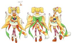 Rule 34 | 1girl, animal ears, artist request, bare shoulders, blonde hair, character sheet, concept art, cure sparkle, cure sparkle (partner form), earrings, eyelashes, green eyes, hair ornament, happy, healin&#039; good precure, highres, hiramitsu hinata, jewelry, long hair, looking at viewer, magical girl, precure, smile, solo, source request, standing, tail, thighhighs, thighs, translation request, twintails