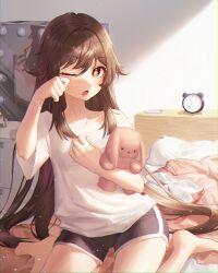 Rule 34 | 1girl, absurdres, alarm clock, barefoot, black shorts, brown hair, cellphone, chabi009, clock, contemporary, dolphin shorts, flower-shaped pupils, genshin impact, hand up, highres, holding, holding stuffed toy, hu tao (genshin impact), long hair, looking at viewer, one eye closed, open mouth, phone, pillow, red eyes, shirt, short shorts, short sleeves, shorts, sitting, smartphone, solo, stuffed toy, symbol-shaped pupils, waking up, wariza, white shirt