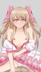Rule 34 | 1boy, 1girl, absurdres, arm support, artist request, bad id, bad pixiv id, blonde hair, blush, chaos marie (grimms notes), collarbone, cowgirl position, cum, cum in pussy, dark skin, frills, grey background, grimms notes, hair ribbon, heart, heart-shaped pupils, hetero, highres, long hair, nail polish, nipples, open mouth, pink eyes, ribbon, sex, simple background, solo focus, straddling, sweat, symbol-shaped pupils, vaginal