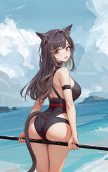 Rule 34 | 1girl, ai-assisted, animal ears, arknights, ass, black one-piece swimsuit, breasts, brown eyes, brown hair, cat ears, cat girl, cat tail, cloud, cloudy sky, day, e0xia, earrings, fang, from behind, highres, holding, holding staff, jewelry, large breasts, long hair, looking at viewer, looking back, ocean, official alternate costume, one-piece swimsuit, open mouth, outdoors, sky, skyfire (arknights), skyfire (temperature difference) (arknights), solo, staff, swimsuit, tail, thighs