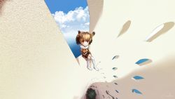 Rule 34 | 10s, 1girl, blue sky, brown coat, cloud, coat, commentary request, day, eurasian eagle owl (kemono friends), fisheye, from above, fur collar, head wings, highres, kemono friends, light brown hair, looking at viewer, outdoors, pantyhose, red eyes, shoes, short hair, signature, sitting, sky, smile, solo, welt (kinsei koutenkyoku), white footwear, white pantyhose, wings