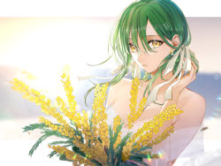Rule 34 | 1girl, absurdres, bare shoulders, bouquet, braid, commentary, flower, green hair, hair ribbon, hand up, highres, hoshi rasuku, lens flare, looking at viewer, original, outside border, parted lips, ribbon, solo, sunlight, white ribbon, yellow eyes, yellow flower