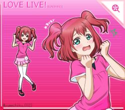 Rule 34 | 1girl, :d, bare arms, character name, collarbone, copyright name, full body, green eyes, kurosawa ruby, long hair, looking at viewer, love live!, love live! sunshine!!, miniskirt, open mouth, pink background, pink shirt, pink skirt, red hair, shirt, short sleeves, skirt, smile, solo, striped background, thighhighs, twintails, twitter username, upper body, wavy mouth, white thighhighs, yumechiku, zettai ryouiki