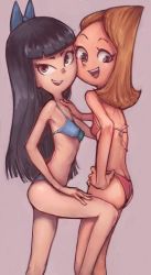 Rule 34 | 2girls, ass, bare arms, bare legs, bare shoulders, bikini, black hair, blonde hair, blue bikini, blue bow, bow, breasts, candace gertrude flynn, cheek-to-cheek, conoghi, covered erect nipples, disney, female focus, hair bow, heads together, long hair, looking at viewer, multiple girls, open mouth, phineas and ferb, red bikini, simple background, small breasts, smile, stacy hirano, standing, swimsuit, teeth