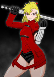 Rule 34 | 1girl, armor, bad id, bad pixiv id, blonde hair, cabbage (xyzeroin), fighting stance, gloves, hair ribbon, jacket, japanese armor, katana, kote, mole, monjou kina, over shoulder, red eyes, red jacket, ribbon, short hair, solo, sword, sword over shoulder, thick thighs, thighs, updo, weapon, weapon over shoulder, zero in
