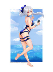 Rule 34 | 1girl, absurdres, artist name, ash (cat7evy), barefoot, blue bow, blue one-piece swimsuit, blue sky, blush, border, bow, breasts, cellphone, cloud, competition swimsuit, day, email address, fate/grand order, fate (series), hair between eyes, hair bow, highleg, highleg swimsuit, highres, holding, holding phone, large breasts, long hair, looking at viewer, ocean, one-piece swimsuit, phone, pink eyes, ponytail, sideboob, silver hair, sky, smile, solo, swimsuit, thigh strap, tomoe gozen (fate), tomoe gozen (swimsuit saber) (fate), tomoe gozen (swimsuit saber) (first ascension) (fate), twitter username, very long hair, white border, wristband