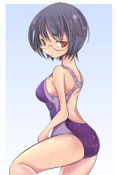 Rule 34 | 1girl, bad id, bad pixiv id, black hair, brown eyes, competition swimsuit, glasses, highres, looking back, nasu800, one-piece swimsuit, original, short hair, solo, swimsuit, wet