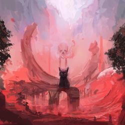 Rule 34 | album cover, cat, commentary, commission, cover, english commentary, fantasy, fire, grass, highres, monstrabot, no humans, original, outdoors, red theme, skull, tree