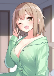 Rule 34 | 1girl, ;o, blush, breasts, brown eyes, brown hair, childhood friend (ominaeshi), cleavage, collarbone, collared shirt, commentary request, dress shirt, green pajamas, green pants, green shirt, hair between eyes, hand up, highres, indoors, large breasts, long sleeves, looking at viewer, ominaeshi (takenoko), one eye closed, open mouth, original, pajamas, pants, shirt, sleeves past wrists, solo, tears, waking up, yawning