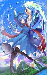 Rule 34 | 1girl, absurdres, black pantyhose, blue bow, blue dress, blue eyes, blue hair, blue sky, bow, breasts, cirno, day, dress, excella (delltothu), foreshortening, forest, full body, grey footwear, hair between eyes, hair bow, head tilt, highres, ice, ice wings, looking at viewer, medium hair, nature, neck ribbon, open mouth, outdoors, pantyhose, pinafore dress, pointing, puffy short sleeves, puffy sleeves, red ribbon, red scarf, ribbon, scarf, shirt, shoes, short sleeves, sky, sleeveless, sleeveless dress, small breasts, smile, solo, teeth, touhou, tree, v-shaped eyebrows, water, white shirt, wings